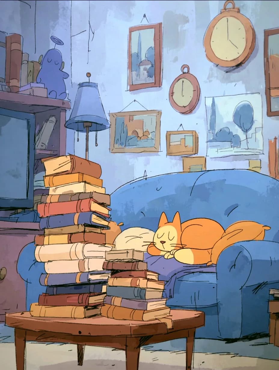 Kitap Yığını ve Tembel Kedi — manzaralar temalı UV baskı tablo
