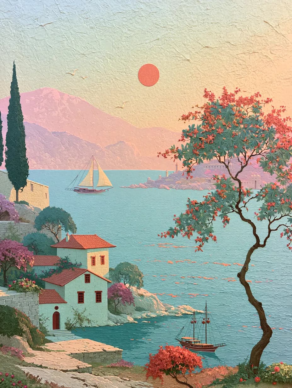 Pembe Güneşli Akdeniz Koyu — deniz temalı UV baskı tablo