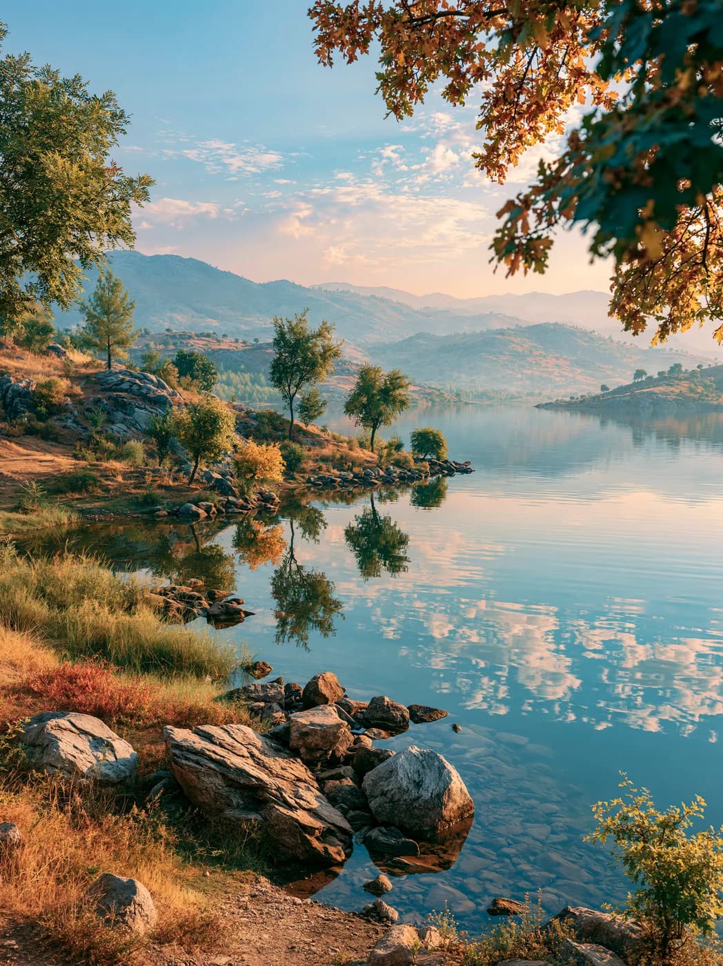 Sabah Işığında Göl Kıyısı — göl & şelale temalı UV baskı tablo