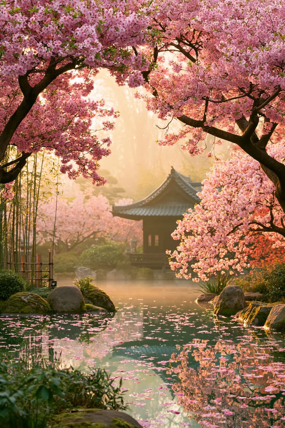 Sakura Bahçesinde Japon Köşkü — manzaralar temalı UV baskı tablo