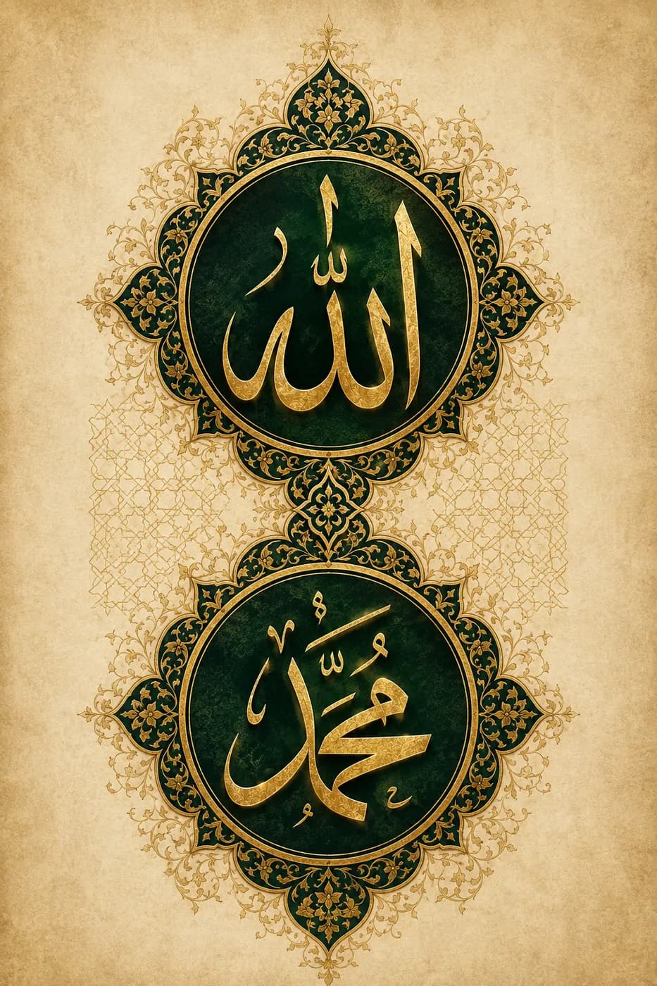 Tezhipli Allah ve Muhammed Madalyonu — dini ve islami temalı UV baskı tablo