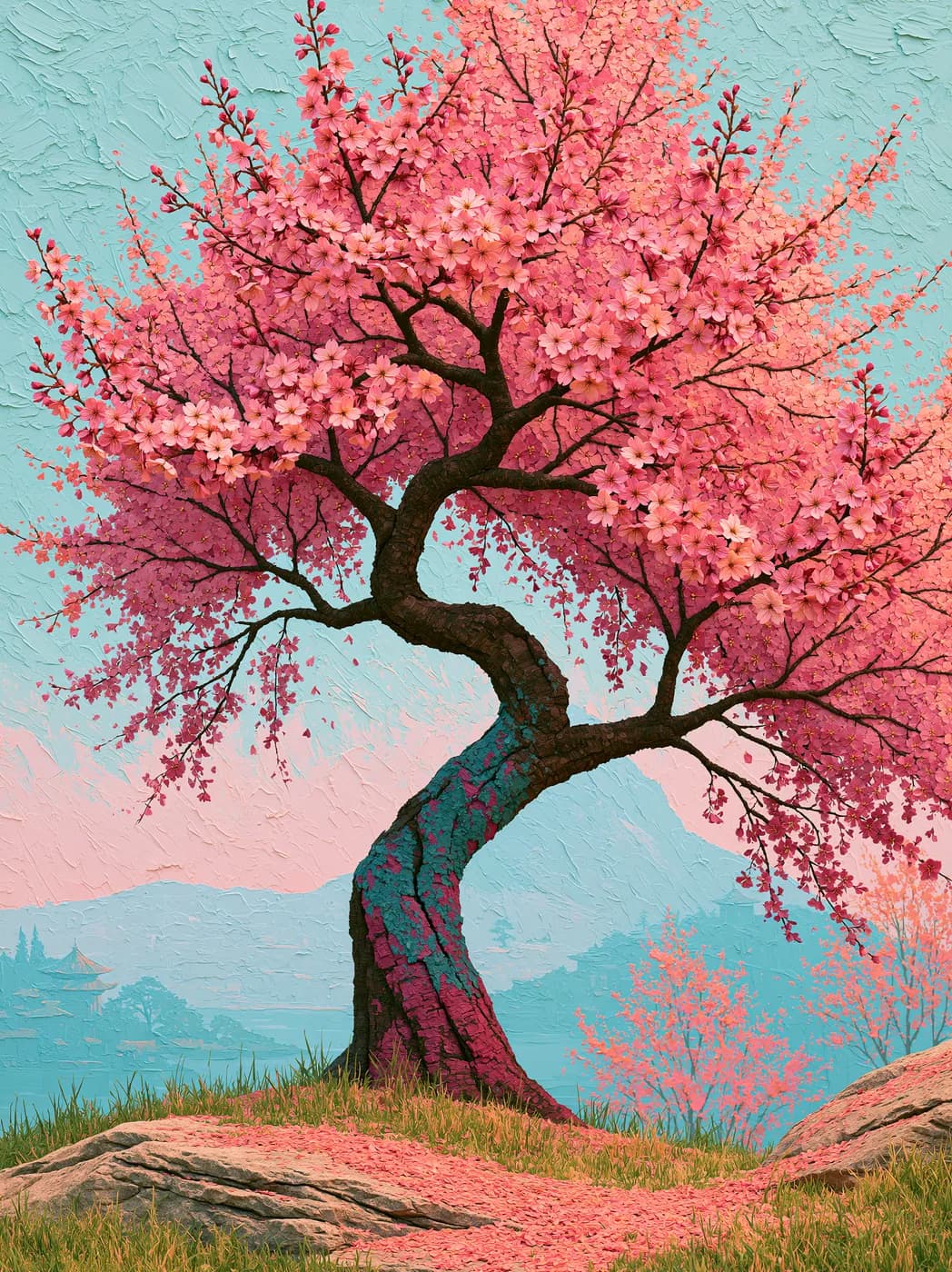 Turkuaz Gökyüzünde Sakura — çiçekler temalı UV baskı tablo