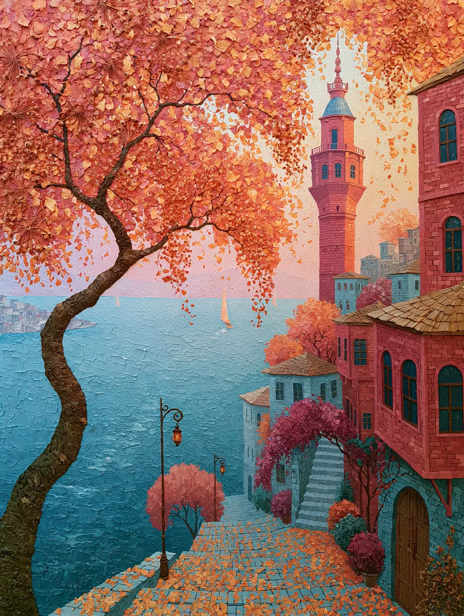 Bahar Ağacı ve Sahil Kulesi — i̇stanbul temalı kanvas tablo