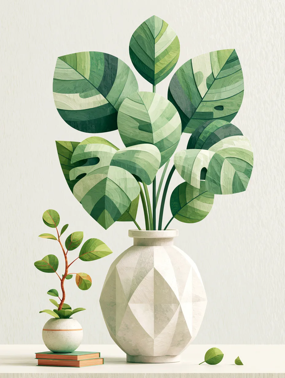 Geometrik Vazoda Monstera — soyut çiçek temalı kanvas tablo