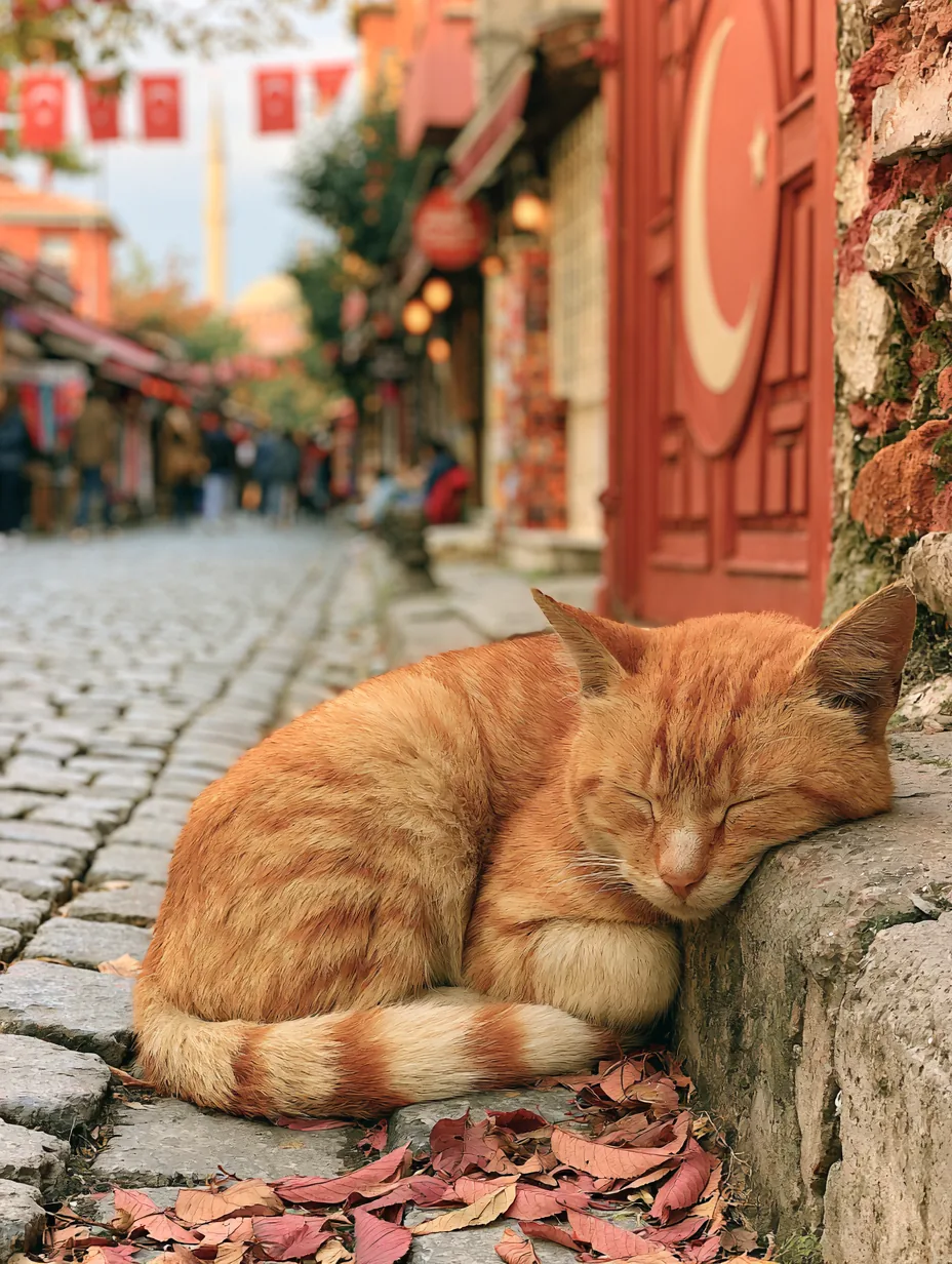 Kırmızı Kapıda Uyuyan Kedi — şehirler temalı kanvas tablo