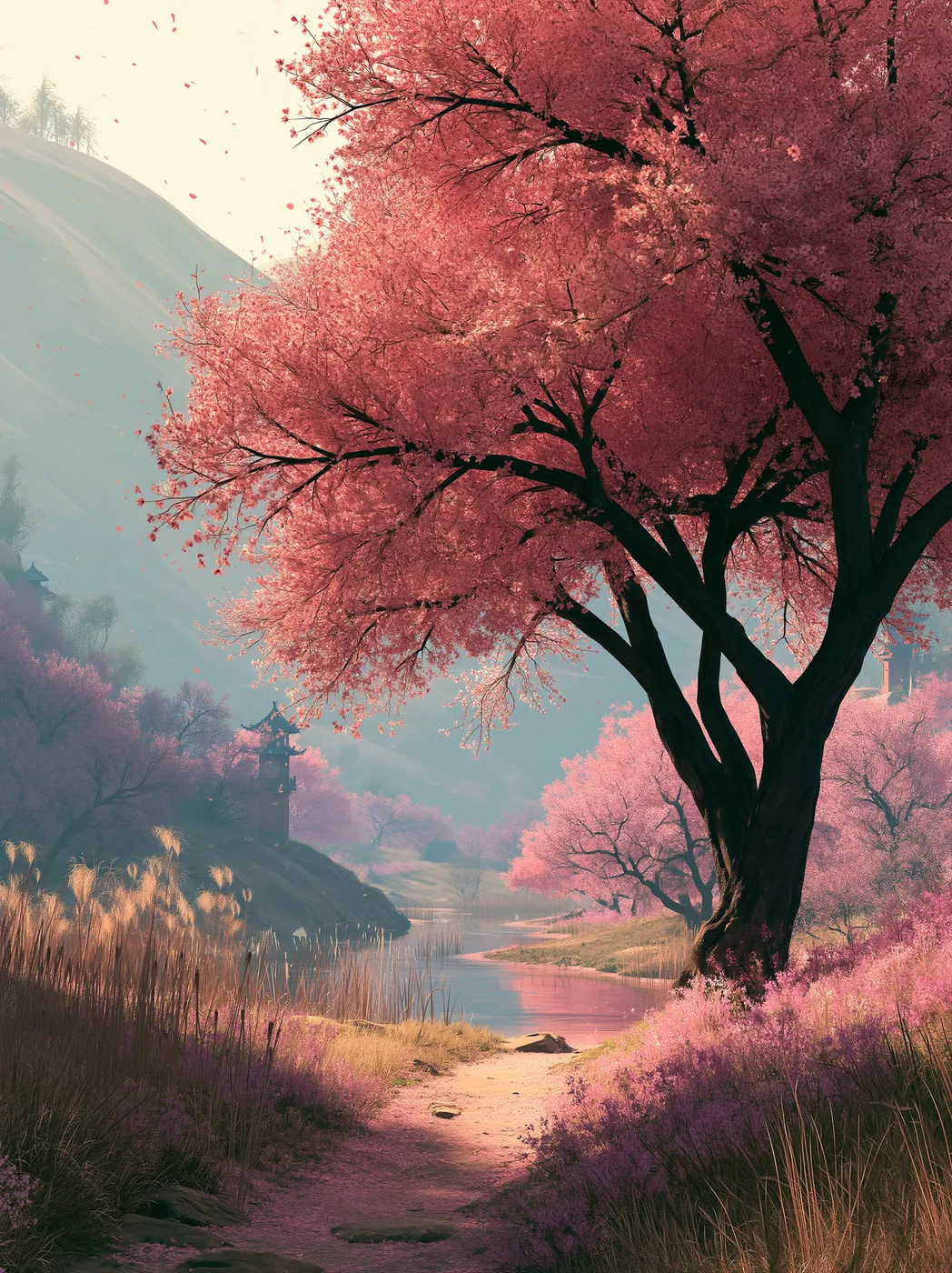 Sakura Ağacı ve Dere Patikası — çiçekler temalı kanvas tablo
