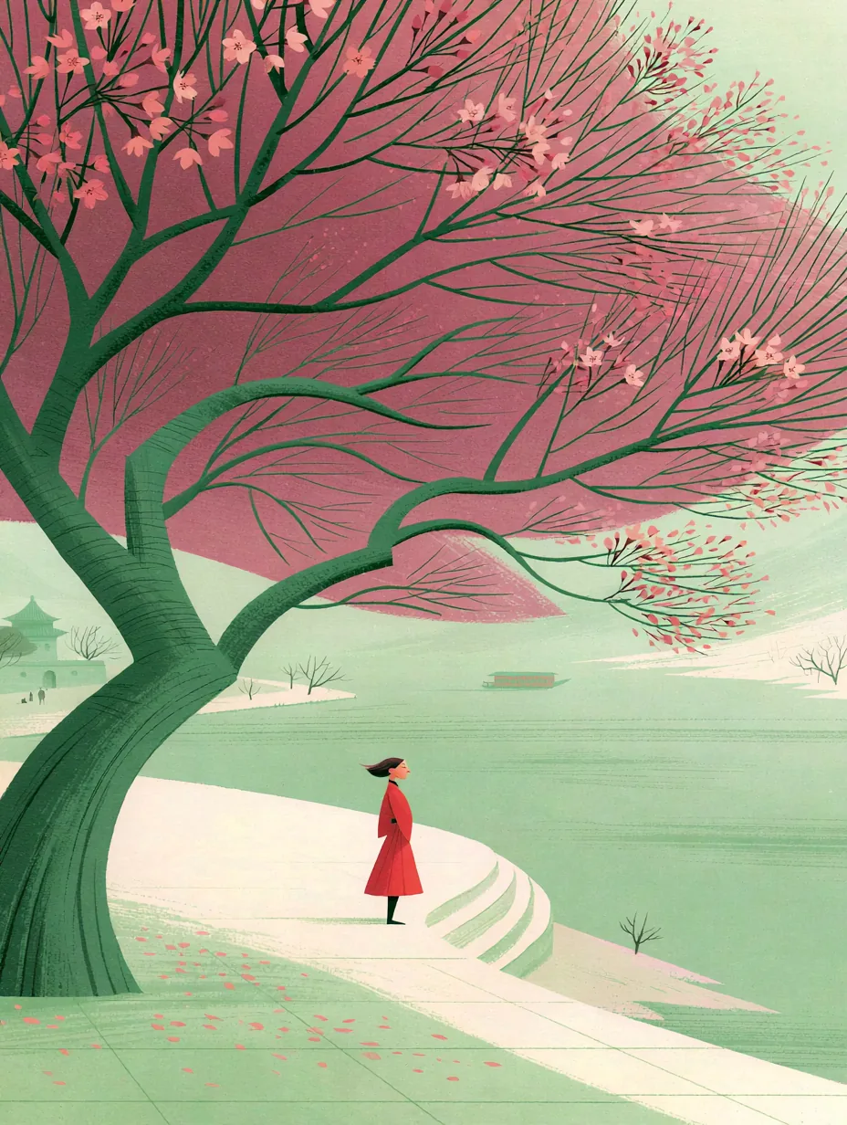 Sakura Ağacı ve Kırmızı Palto — kır temalı kanvas tablo