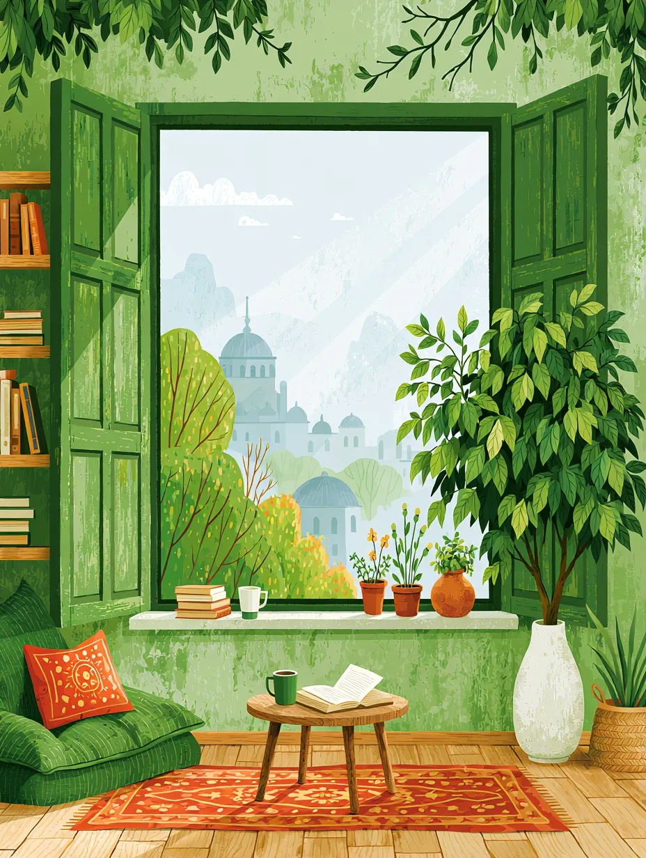 Yeşil Pencere 3'lü Set — Setler temalı çok parçalı tablo — 1. panel