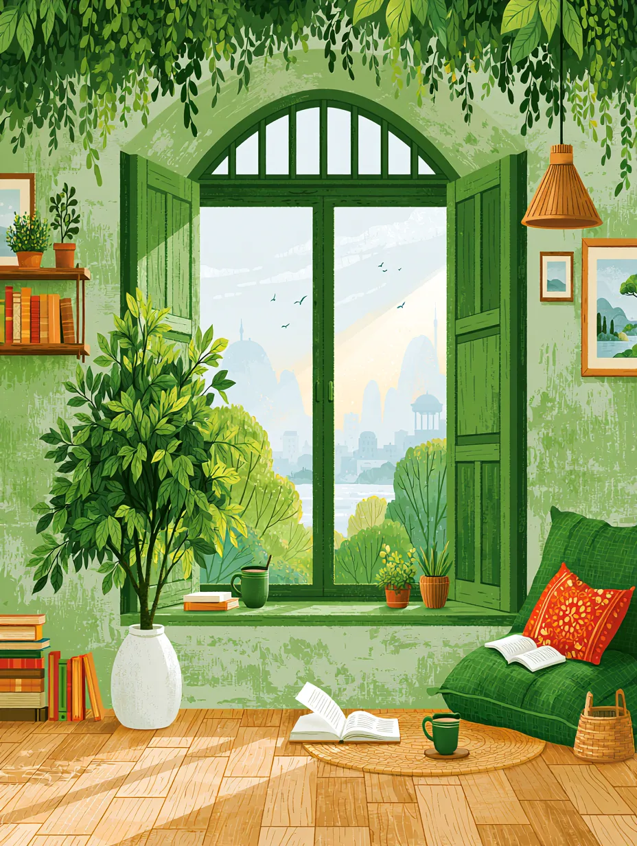 Yeşil Pencere 3'lü Set — Setler temalı çok parçalı tablo — 3. panel
